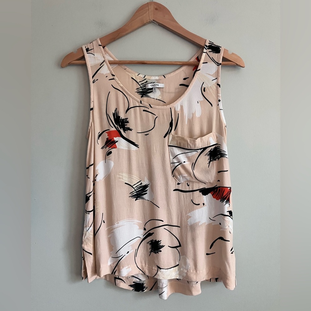 Ganni Peach Tank Top with Black, White, and Red Floral Print